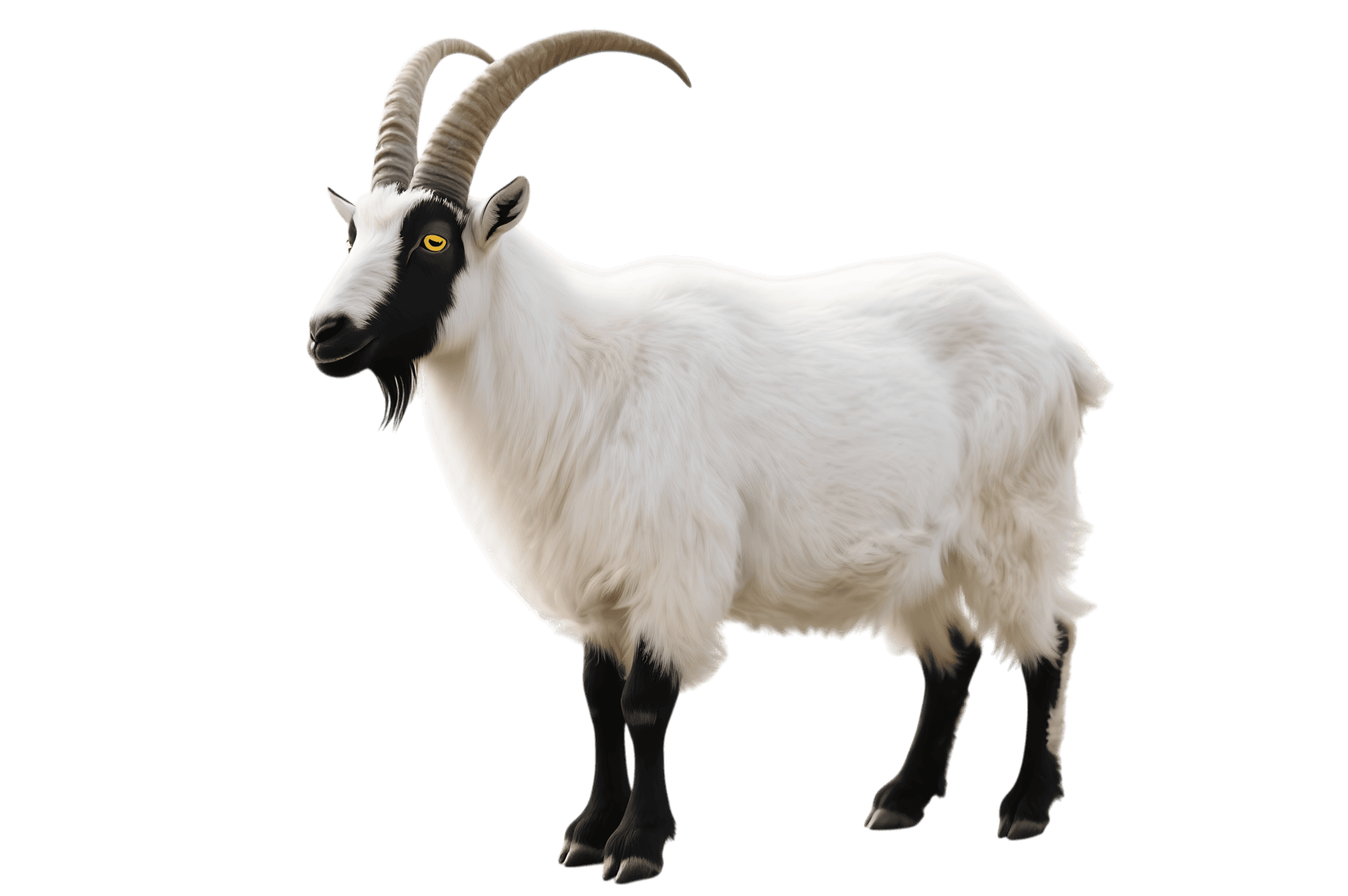 Goat with white fur and black markings