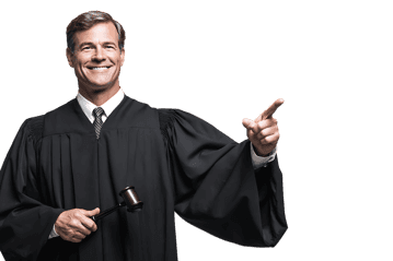 Friendly judge directs attention, legal counsel concept.
