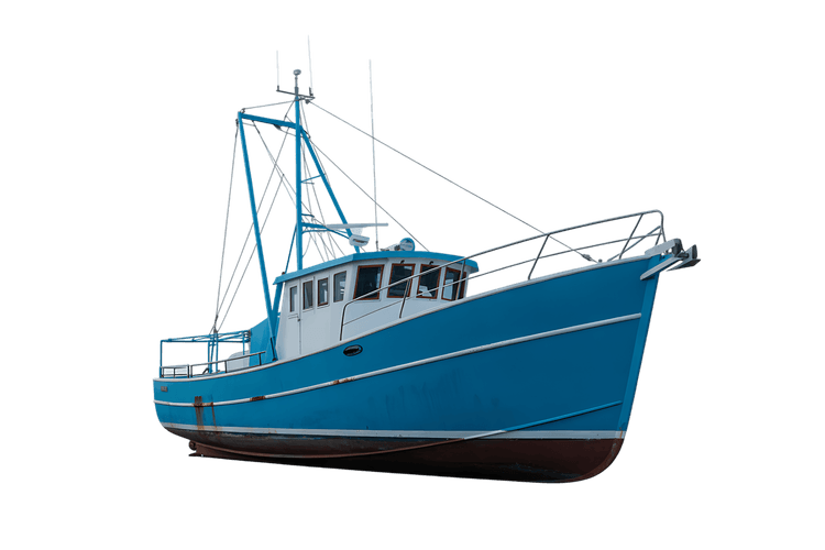 Blue fishing boat on black, commercial fishing vessel