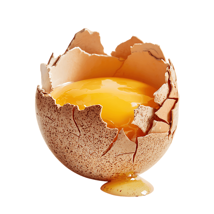 Golden yolk in a cracked eggshell.