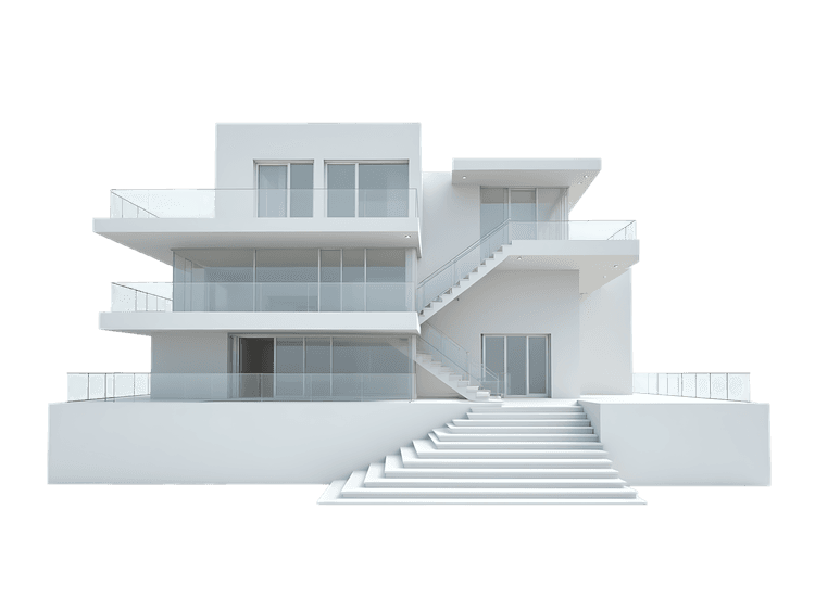 Modern white house with glass railings and outdoor stairs