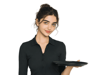 Young woman in black uniform smiling, holding a tray. Restaurant, service, hospitality concept.