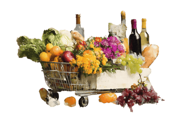 Shopping cart overflowing with fresh produce, wine, and flowers.
