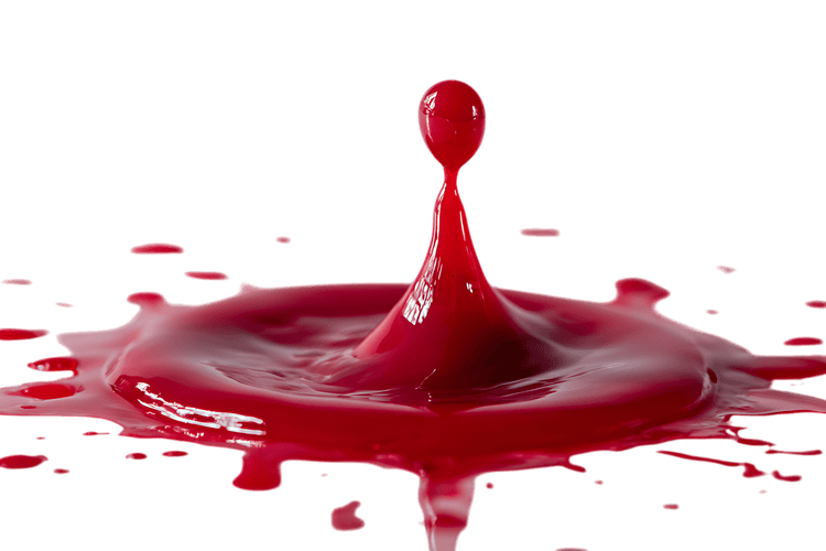 Red liquid splash with a drop on black background