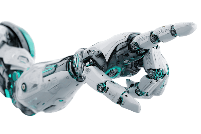 Close up of a futuristic robotic arm, pointing.  Concept of AI, technology, innovation.