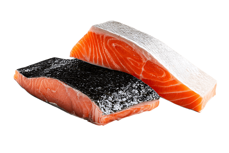 Fresh salmon fillets, skin on and skinless.