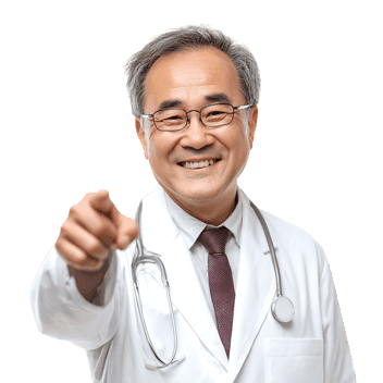 Smiling Asian doctor points at you649.