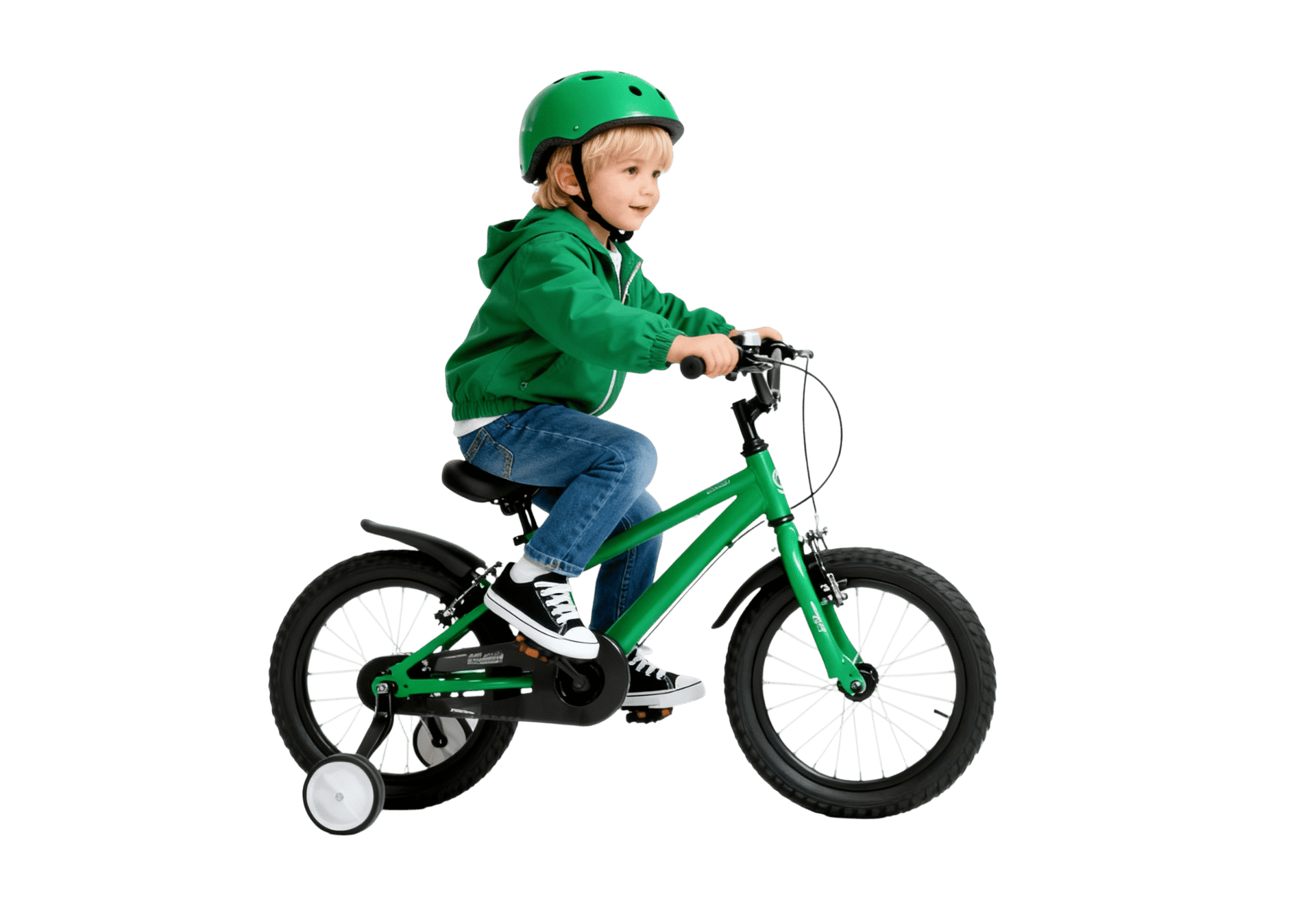 Child on green bicycle with helmet and training wheels