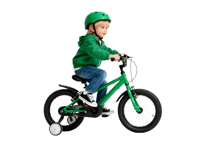 Child on green bicycle with helmet and training wheels