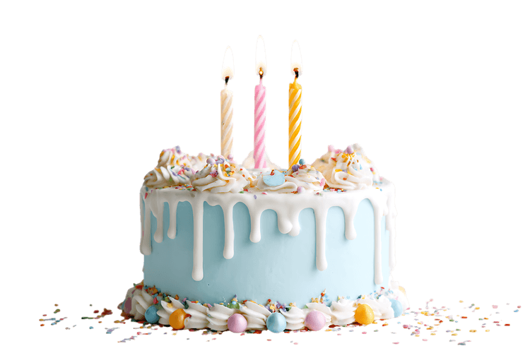 Pastel birthday cake with three candles.