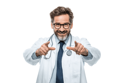 Smiling doctor points at you.