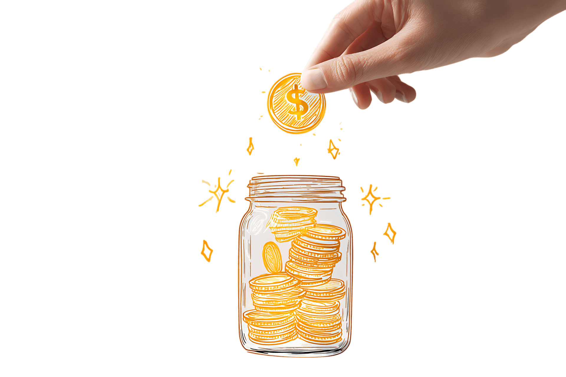 Hand adding coin to a mason jar full of gold coins. Saving money concept.
