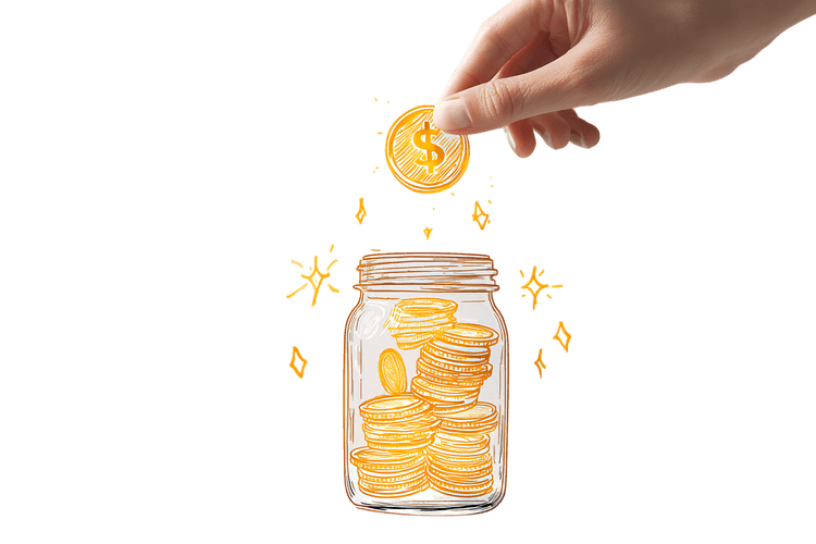 Hand adding coin to a mason jar full of gold coins. Saving money concept.