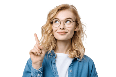 Woman with glasses has a bright idea, pointing up.
