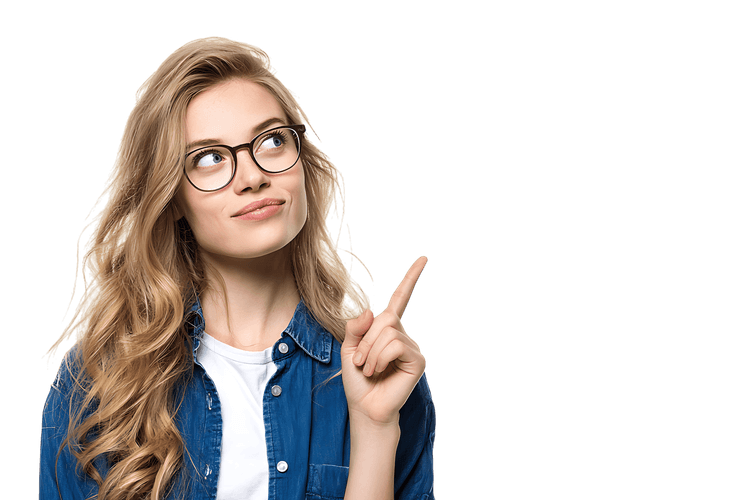 Pensive woman in glasses pointing finger up, having an idea.