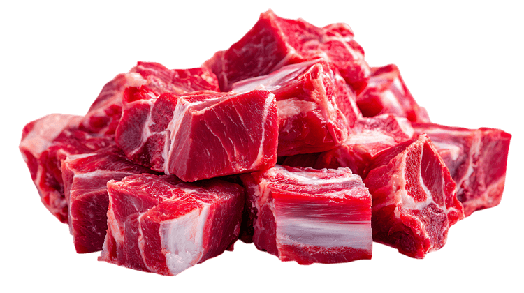 Close-up of fresh, red meat cubes.