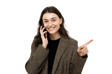 Smiling woman on phone, pointing. Customer service, communication concept.