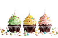 Three delicious cupcakes with candles and sprinkles