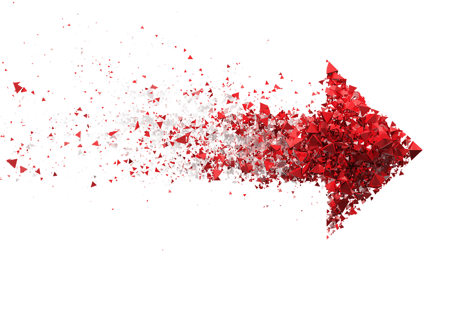 Abstract red arrow dissolving into particles.