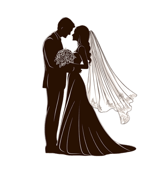 Romantic silhouette of bride and groom embracing.