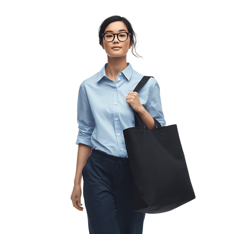 Young professional woman with tote bag, showcasing confidence and style.
