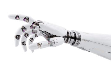 Close up of a robotic hand pointing.  Artificial intelligence, technology, future concept.