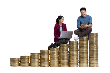 Business people sitting on stacks of coins, symbolizing financial growth and success.