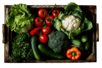 Assortment of fresh, organic vegetables in a rustic wooden crate. Healthy eating, farm to table concept.