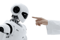 Human hand pointing at a robot. AI, technology, future concept.