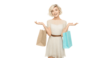 Excited woman with shopping bags after a successful shopping spree.