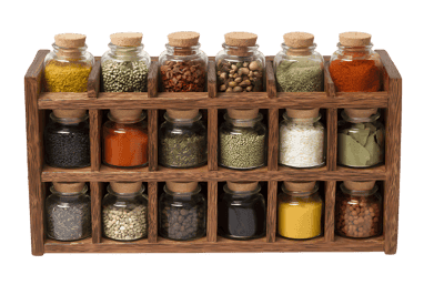 Wooden spice rack with various spices in glass jars.
