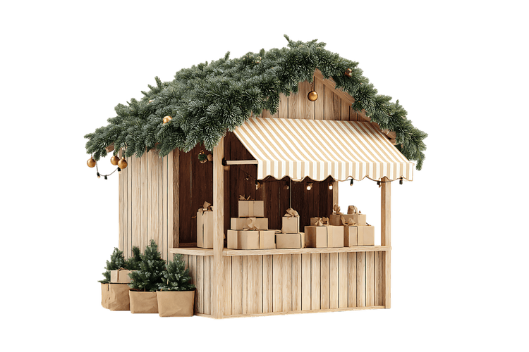 Christmas market wooden stall with gifts