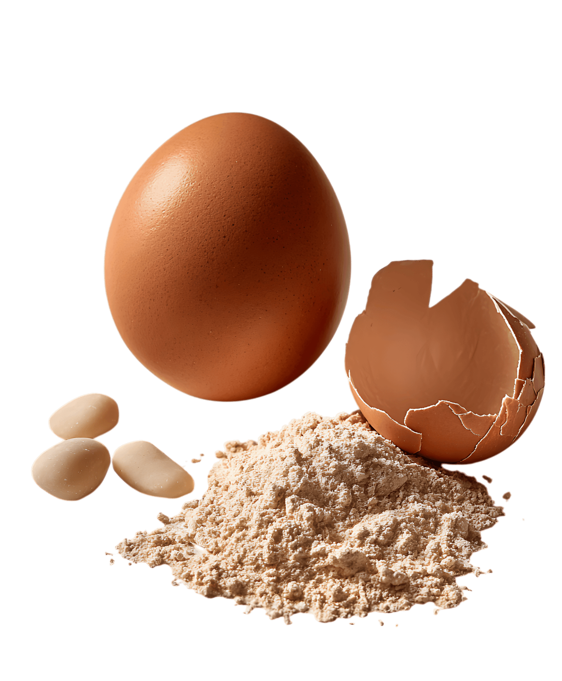 Brown egg, shell, and powder