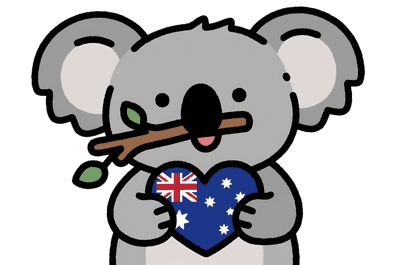 Cute koala holding australian flag heart and eucalyptus branch