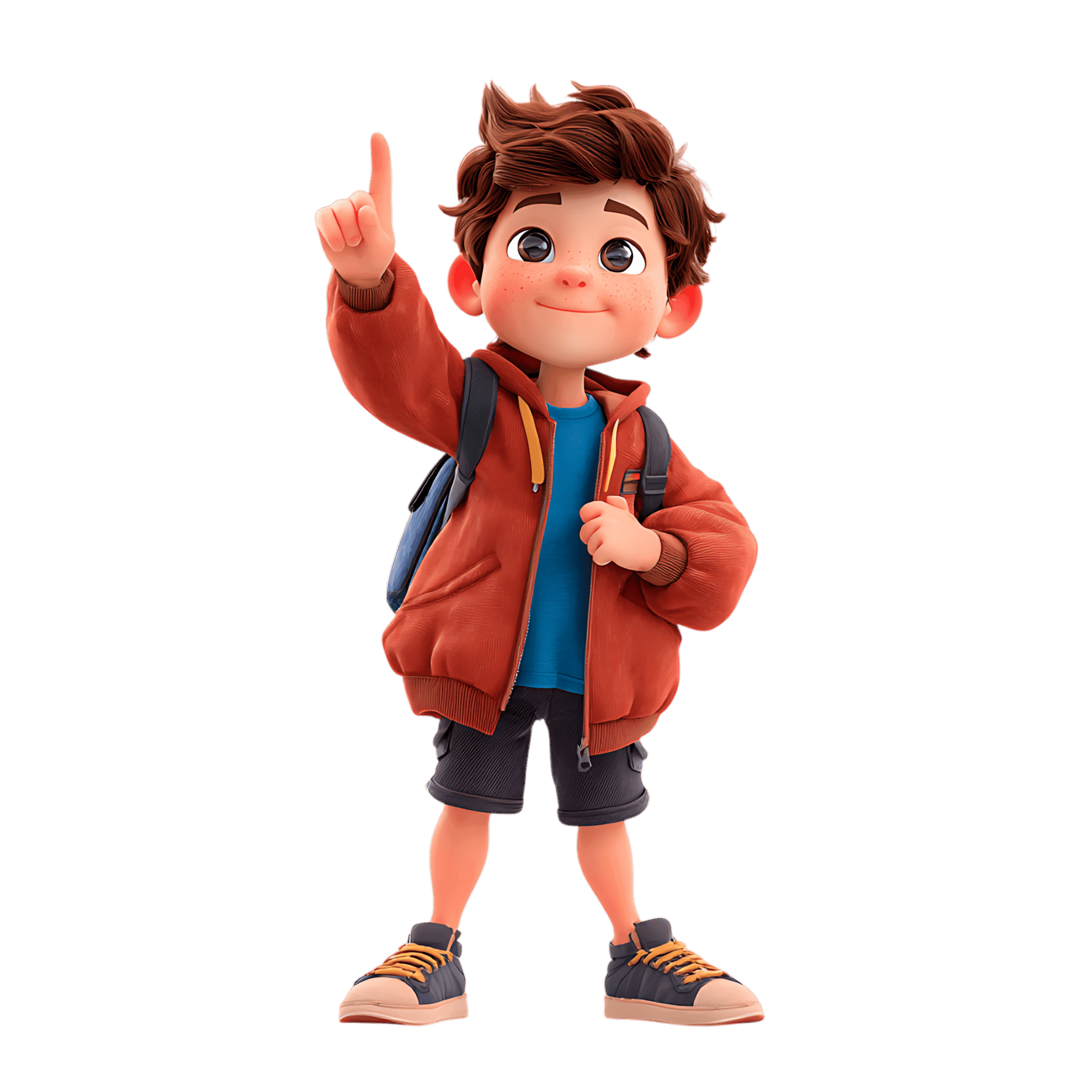 Cute 3D boy with backpack pointing up. Ideal for educational or back to school projects.
