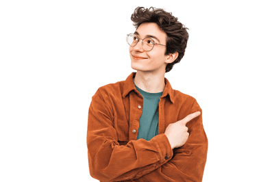 Smiling young man in glasses, pointing and looking upward, suggesting an idea.