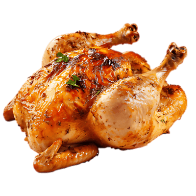 Roasted chicken, golden brown and juicy.