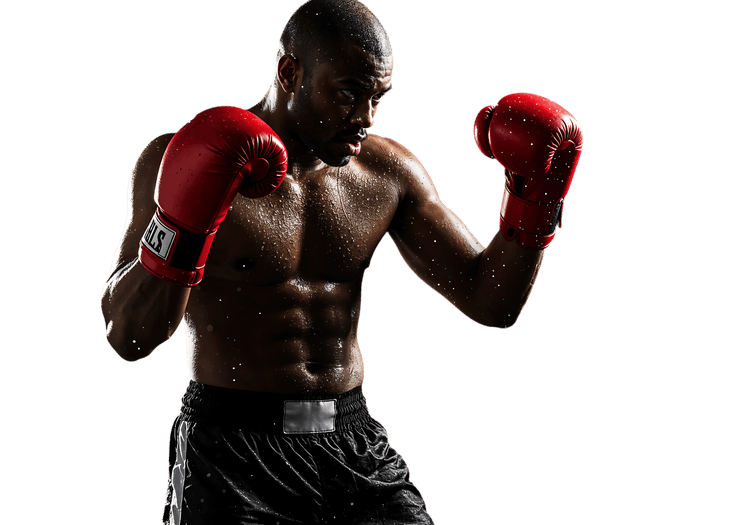 Powerful boxer in action muscles flexed red gloves