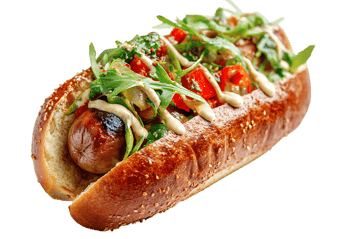 Grilled sausage in a bun with fresh arugula and veggies.