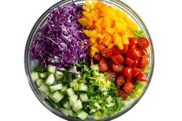 Fresh salad ingredients,  red cabbage, bell peppers, cherry tomatoes, cucumber, and lettuce.