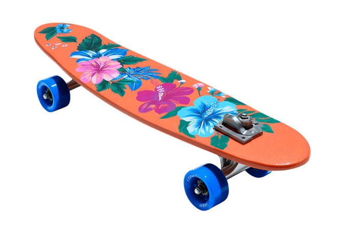 Orange skateboard with hibiscus flower design
