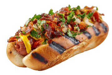 Grilled hot dog with bacon and relish