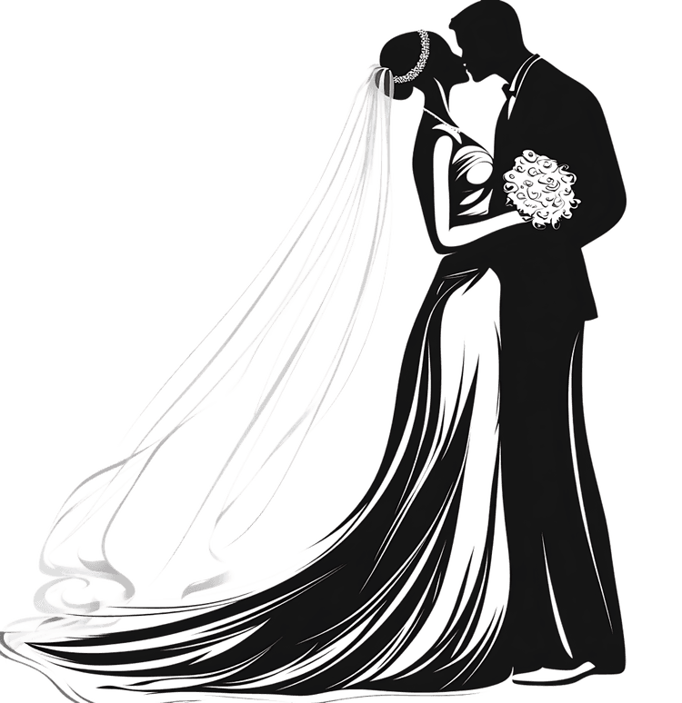 Romantic black and white illustration of a bride and groom.