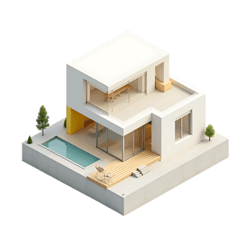 Isometric view of a modern house with a pool and deck