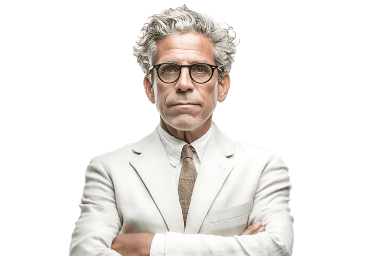 Portrait of a serious middle aged man in a white suit.