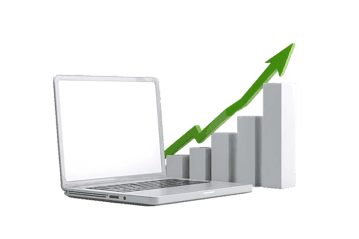 Laptop with upward trending bar graph, depicting growth and success.