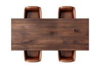 Overhead view of empty wooden dining table with four brown leather chairs
