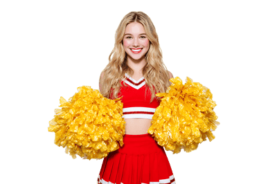 Smiling blonde cheerleader in red and white uniform holding yellow pom poms