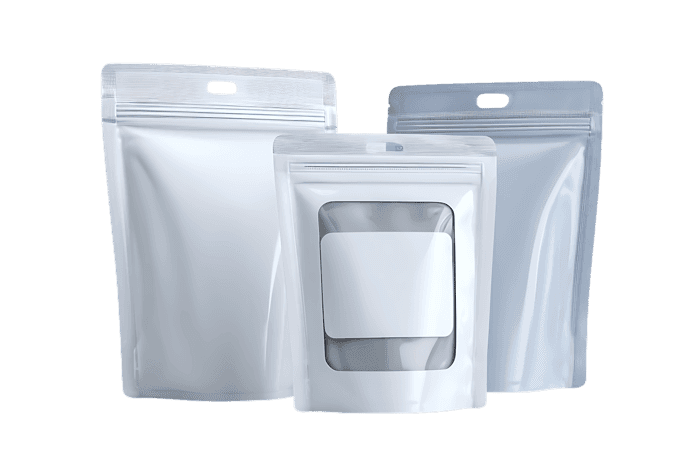 White stand up pouches with clear window