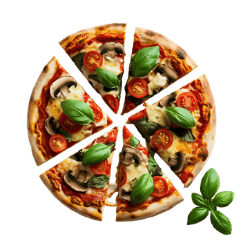 Delicious pizza with mushrooms, tomatoes, and basil.